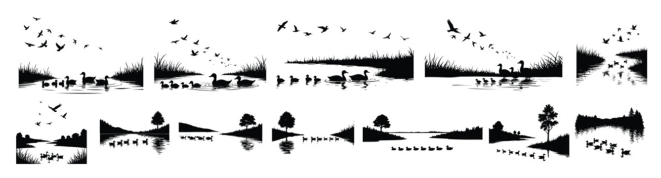 Black silhouette collection of ducks and birds in water and sky