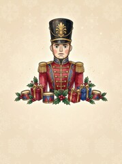 Nutcracker Christmas greeting invitation card, holidays, cute santa, illustration message card