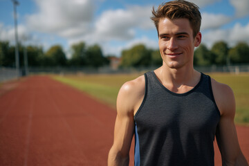 Fototapeta premium athlete runner track fitness smile training young male on outdoor running track during practice session wearing sleeveless tanktop showing toned arms and relaxed expression under blue sky