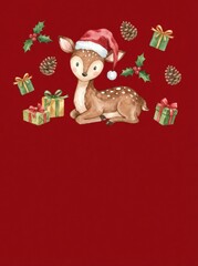 reindeer Christmas greeting invitation card, holidays, cute santa, illustration message card