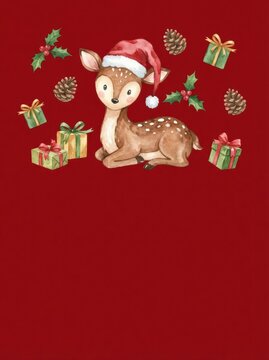 reindeer Christmas greeting invitation card, holidays, cute santa, illustration message card