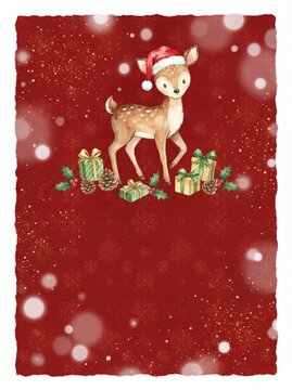reindeer Christmas greeting invitation card, holidays, cute santa, illustration message card