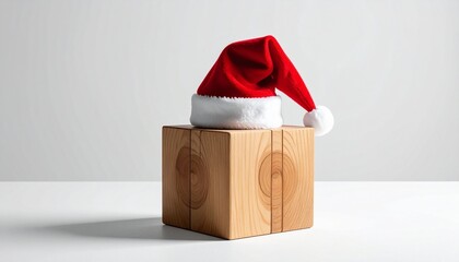 Santa hat on wooden cube with circular pattern.