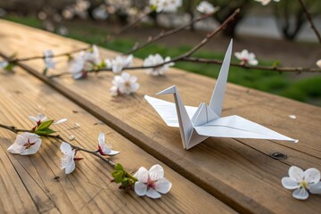 cherry blossom and a paper plane  on wooden table