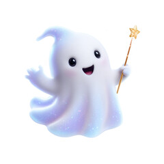 Obraz premium Adorable cartoon ghost character holding a magical star wand smiling joyfully isolated on transparent background