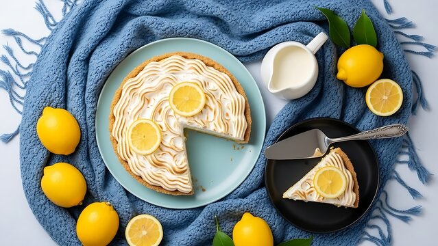 Brightly lit lemon meringue pie with torched topping and fresh lemon slices on a blue knit tablecloth.