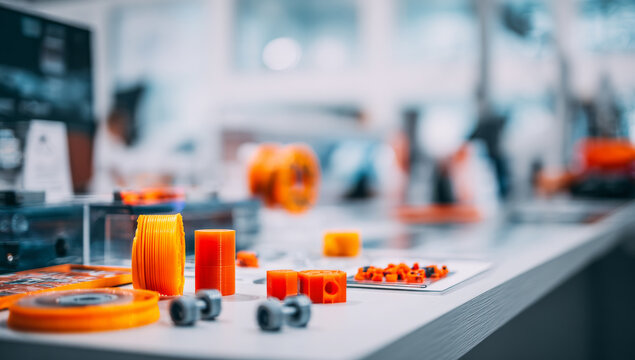 Various bright orange plastic parts produced by 3d printing displayed on a white table with a blurred workshop background - Powered by Adobe