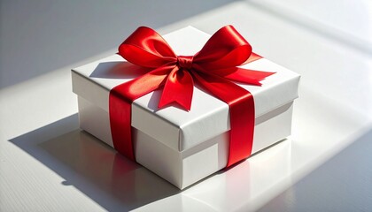 White gift box with red satin bow.