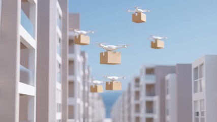 Futuristic drone delivery system in urban environment with blue sky background - Powered by Adobe