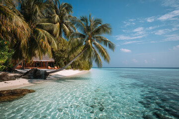 Beach palm tropical water bungalow white sand turquoise ocean coastline with clear shallow sea and leaning coconut trees tranquil island vacation relaxation