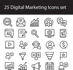 Digital Marketing Vector Icons Set – SEO, Social Media, Analytics, PPC, Branding, Online Marketing Line Icons