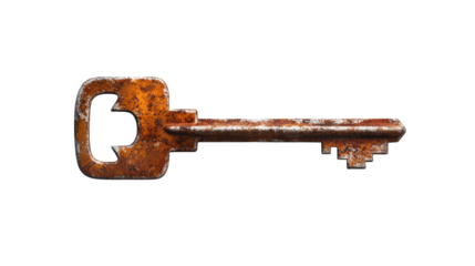 Rusty vintage key on transparent background