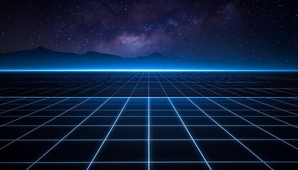 Futuristic blue grid extending towards distant mountains under a starry night sky.