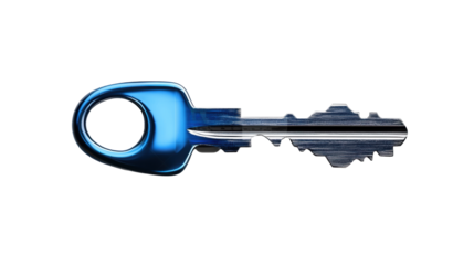 Blue Metallic Key with Unique Shape on Transparent Background