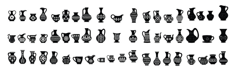 Collection of Black Silhouette Ceramic Vases and Jugs with Patterns