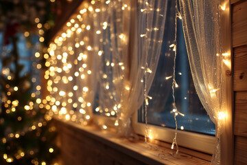 Fairy lights on window curtain with warm bokeh and blurred christmas tree in cozy holiday interior, soft string lights creating festive warm evening mood, ambient glow