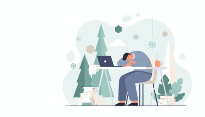 Exhausted man asleep at desk during winter work overload Stress fatigue and holiday burnout concept