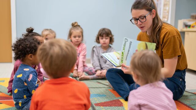 Teacher reading to attentive children during storytime in cozy classroom setting