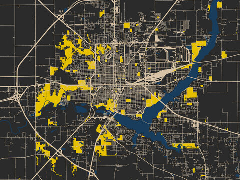 Flat city map of Decatur, Illinois in noir yellow color palette