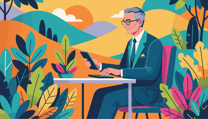 Stylish senior man calculates finances outdoors with tablet amidst colorful tropical foliage