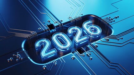 Futuristic glowing neon blue 2026 numbers integrated with intricate circuit board design representing technological advancement and the digital future