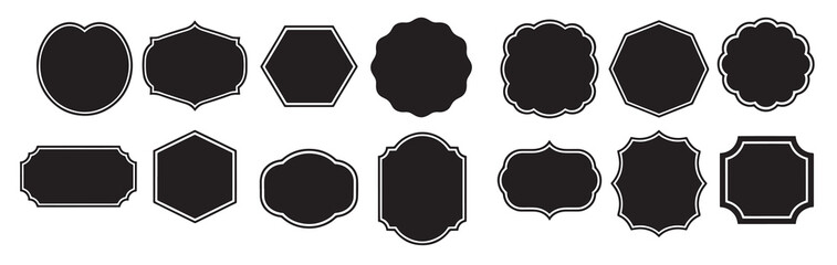 collection of diverse black decorative labels and shapes