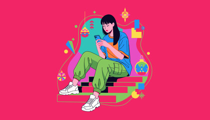 Obraz premium Vibrant vector illustration of a young woman using a phone amidst festive abstract decorations
