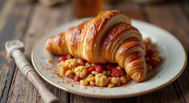  Croissant (France) served authentically on a plate

