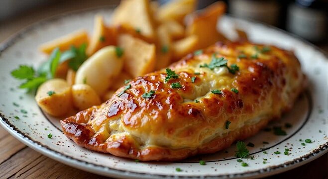  Cornish pasty (England) served authentically on a plate
