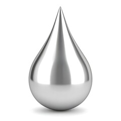 A single shiny metallic silver droplet with a reflective surface on a white background.