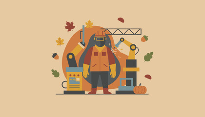Fall industry concept welder robotic arms autumn leaves and factory setting