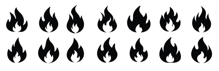 Fire Flame Silhouette Icons - Black Burning Symbol Vector Set