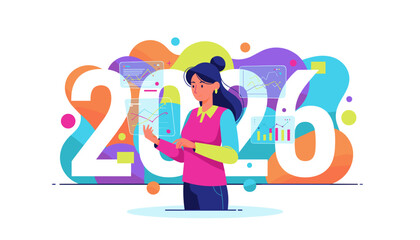 Business success forecast for 2026 Woman analyzes charts for growth planning