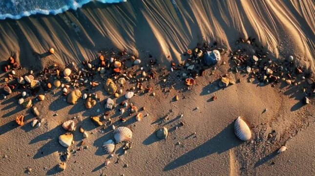 Close-up of pebbles and rocks on a sandy beach with wave patterns at sunset