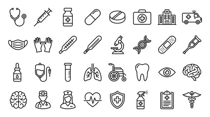 Fototapeta premium Medical and healthcare thin line icon set with various symbols for hospital, clinic, and emergency services, including a doctor, nurse, pills, and a first aid kit