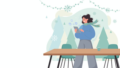 Excited woman chats online with a digital tablet during the winter holiday season