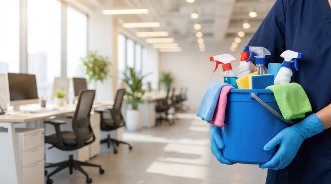 Person in blue uniform and gloves holding a bucket of cleaning supplies in an office spray bottles cloths - Powered by Adobe