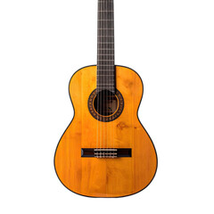 Fototapeta premium A close-up studio portrait of a classic wooden acoustic guitar against a stark black background.