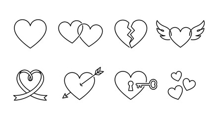 Set of eight minimalist love symbols drawn in a simple black outline style, featuring intertwined hearts, a broken heart, a heart with wings, and a key unlocking a heart