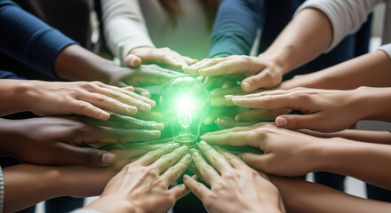 Team joins hands for tech investment in green energy innovation. This unity shows commitment to sustainable future and successful collaboration for better world