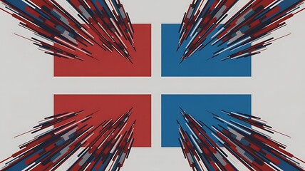 Abstract explosion of red and blue paint strokes radiating outwards from a central grid of four colored squares on a light gray background