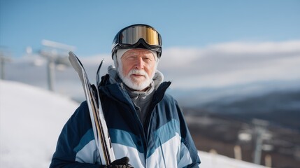 Senior man wearing ski gear stands confidently on snowy mountain slope, holding skis, with ski lift and scenic winter landscape in the background, showcasing winter sports enthusiasm