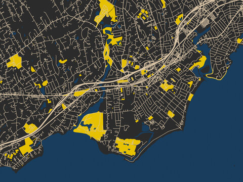Urban map of Fairfield, Connecticut in a dark flat palette: deep charcoal background with clean cream streets and sharp safety-yellow highlights, accented by ink-blue water