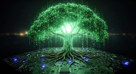 Futuristic tech tree glows with green energy symbol of digital investment in sustainable future. Luminous roots and leaves illustrate growth and ecological innovation