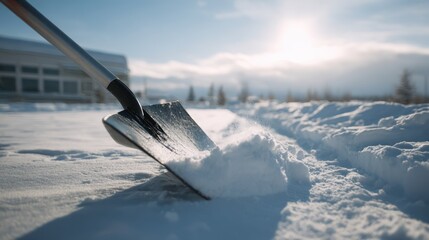 Shovel lifting fresh snow from a winter landscape, with sunlight glistening on the surface, creating a serene and tranquil atmosphere in a snowy environment
