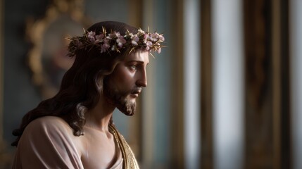 Religious figure with a crown of flowers, gazing thoughtfully, illuminated by soft light, showcasing intricate details and textures in a serene environment