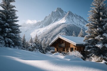 Fototapeta premium Snow-covered cabin and majestic mountain in winter wonderland