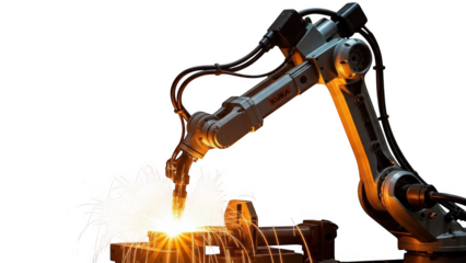 Robotic arm welding with bright sparks against black background