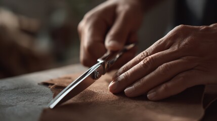 Skilled artisan cutting soft leather with precision scissors on a workbench, showcasing craftsmanship and attention to detail in a creative workspace