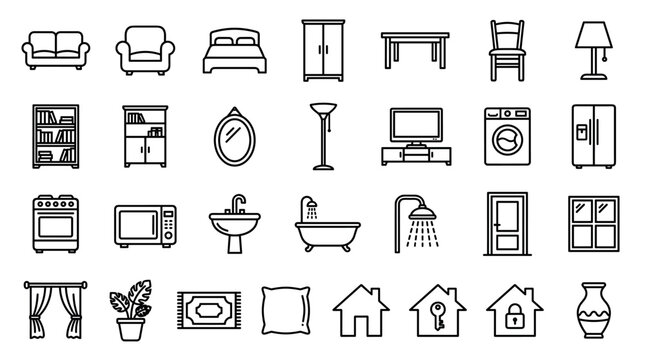 Large set of black line icons representing home furniture, appliances, and household decor items in a clean, minimalist outline style for interior design or real estate concepts